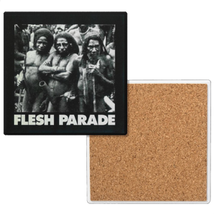 The Flesh Parade "Kill Whitey" Ceramic Coaster by Mainstay Entertainment features a black-and-white photo of indigenous men with spears, FLESH PARADE caption, cork back for durability—ideal for those seeking unique, stylish coasters.