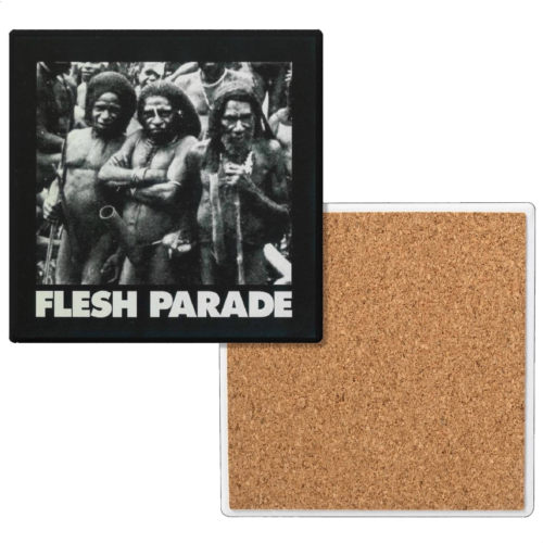 The Flesh Parade "Kill Whitey" Ceramic Coaster by Mainstay Entertainment features a black-and-white photo of indigenous men with spears, FLESH PARADE caption, cork back for durability—ideal for those seeking unique, stylish coasters.
