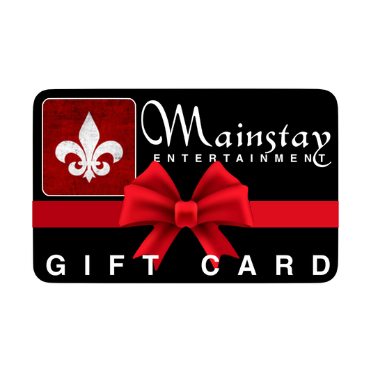 A black Mainstay Shop eGift Card with a red bow, white “Mainstay Entertainment” text, a white fleur-de-lis in a red box, and bold “GIFT CARD”—ideal for shopping or gifting.