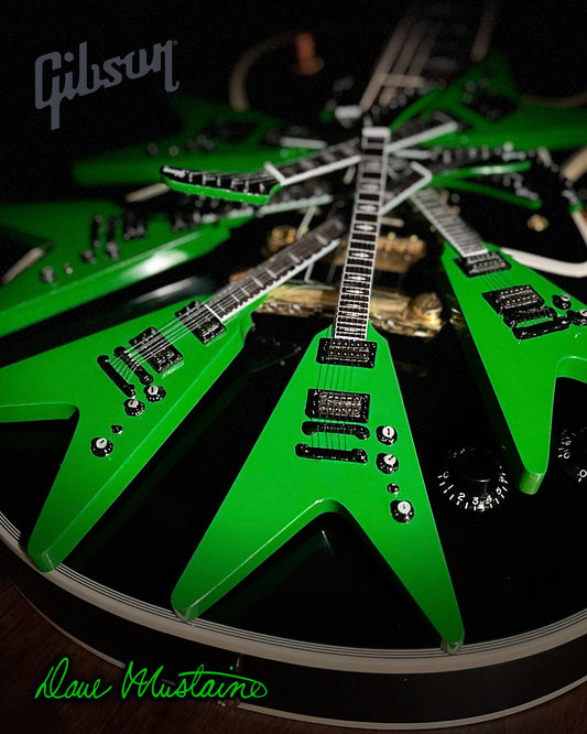 Megadeth "Dave Mustaine - Gibson Flying V Rust In Peace" Alien Tech Green Licensed Mini Guitar - Mainstay Entertainment