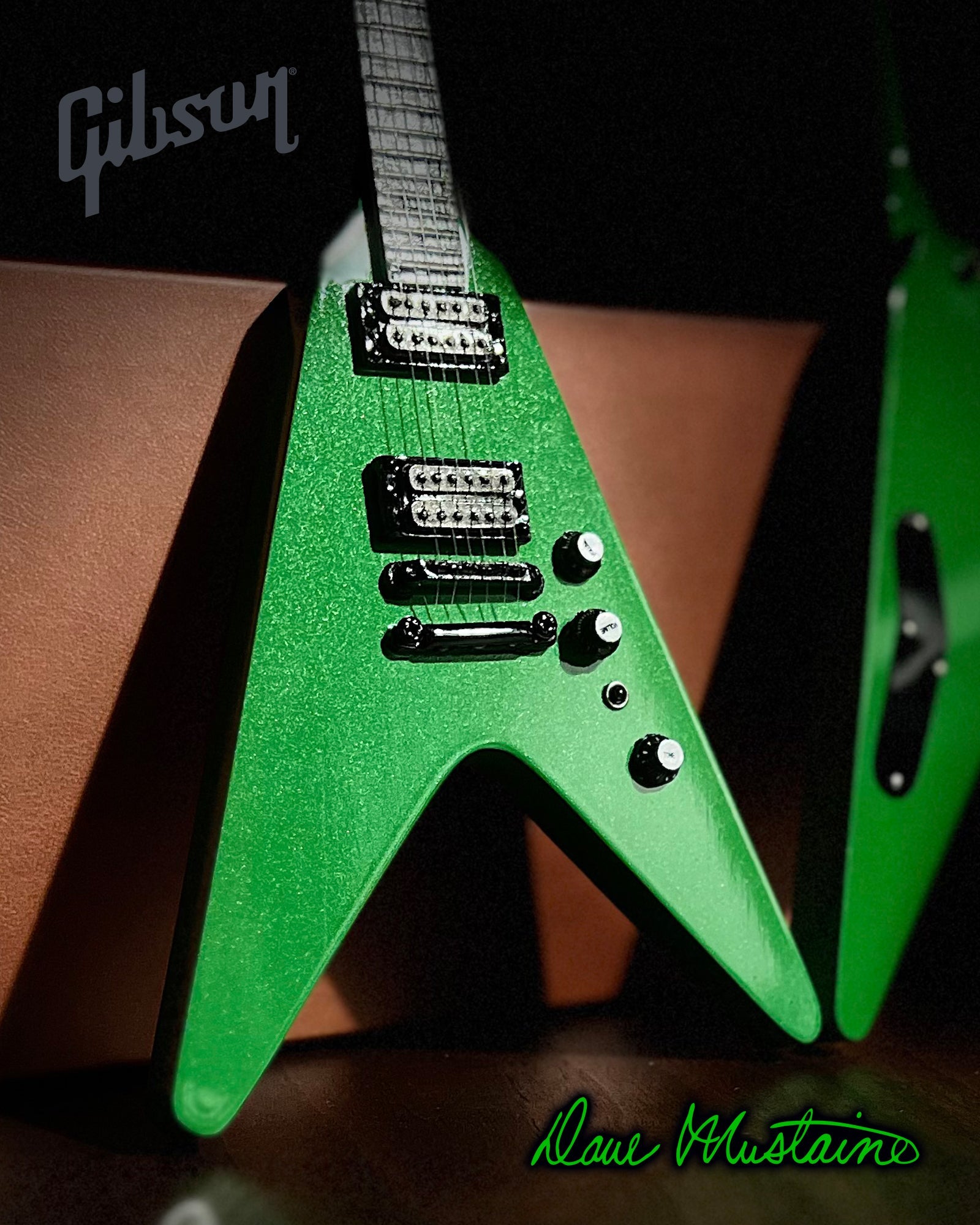 Megadeth "Dave Mustaine - Gibson Flying V Rust In Peace" Alien Tech Green Licensed Mini Guitar - Mainstay Entertainment