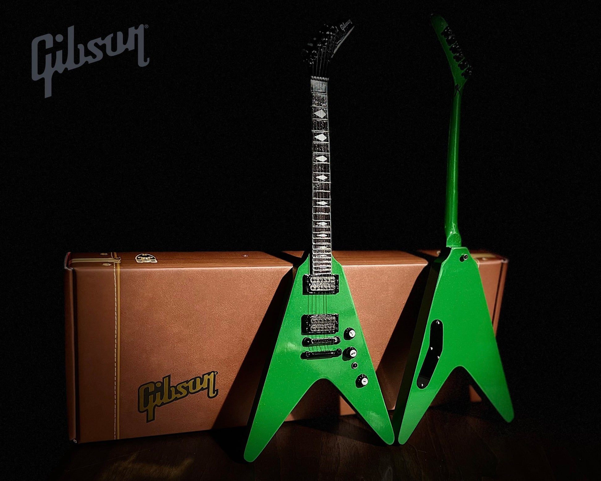 Megadeth "Dave Mustaine - Gibson Flying V Rust In Peace" Alien Tech Green Licensed Mini Guitar - Mainstay Entertainment