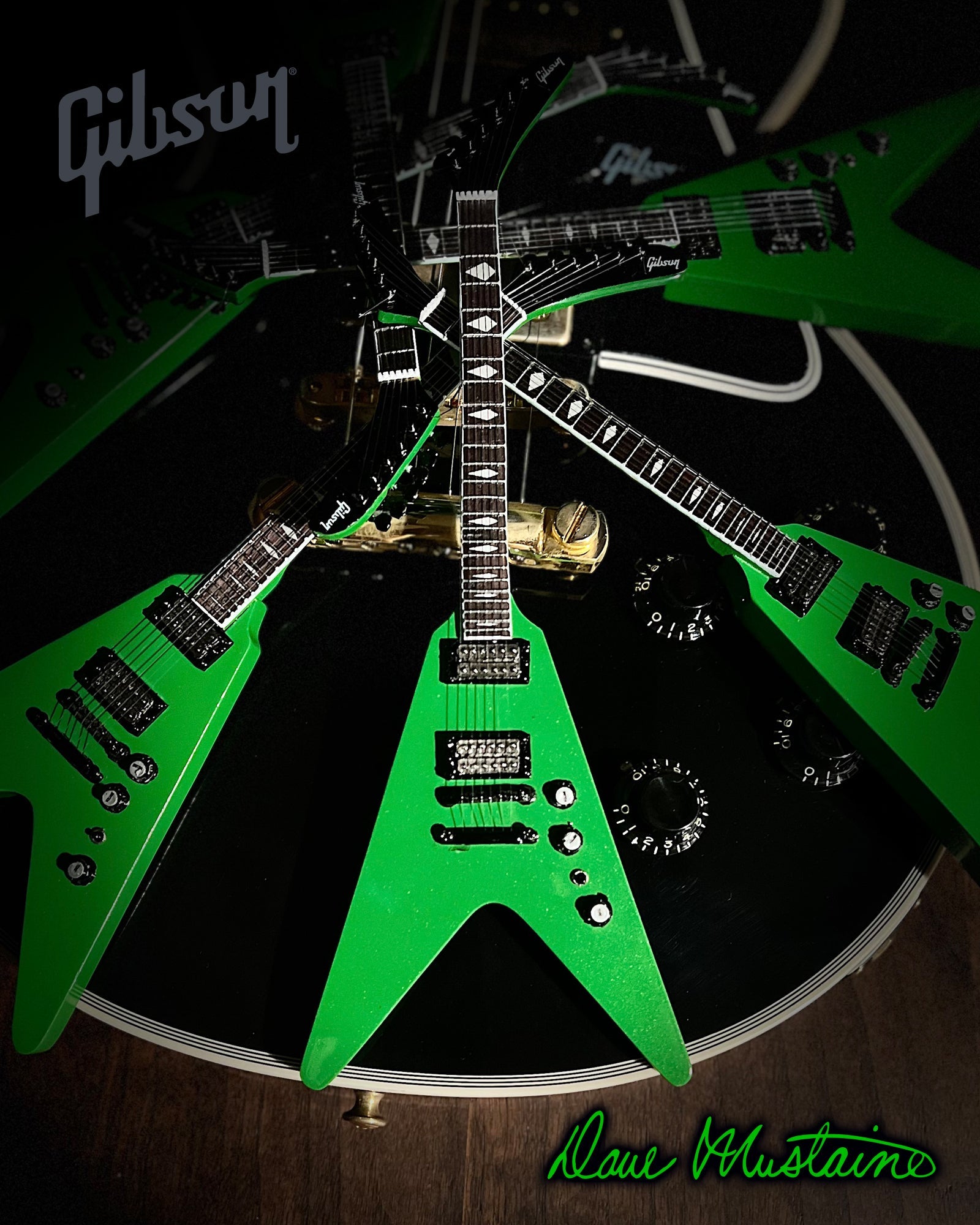 Megadeth "Dave Mustaine - Gibson Flying V Rust In Peace" Alien Tech Green Licensed Mini Guitar - Mainstay Entertainment