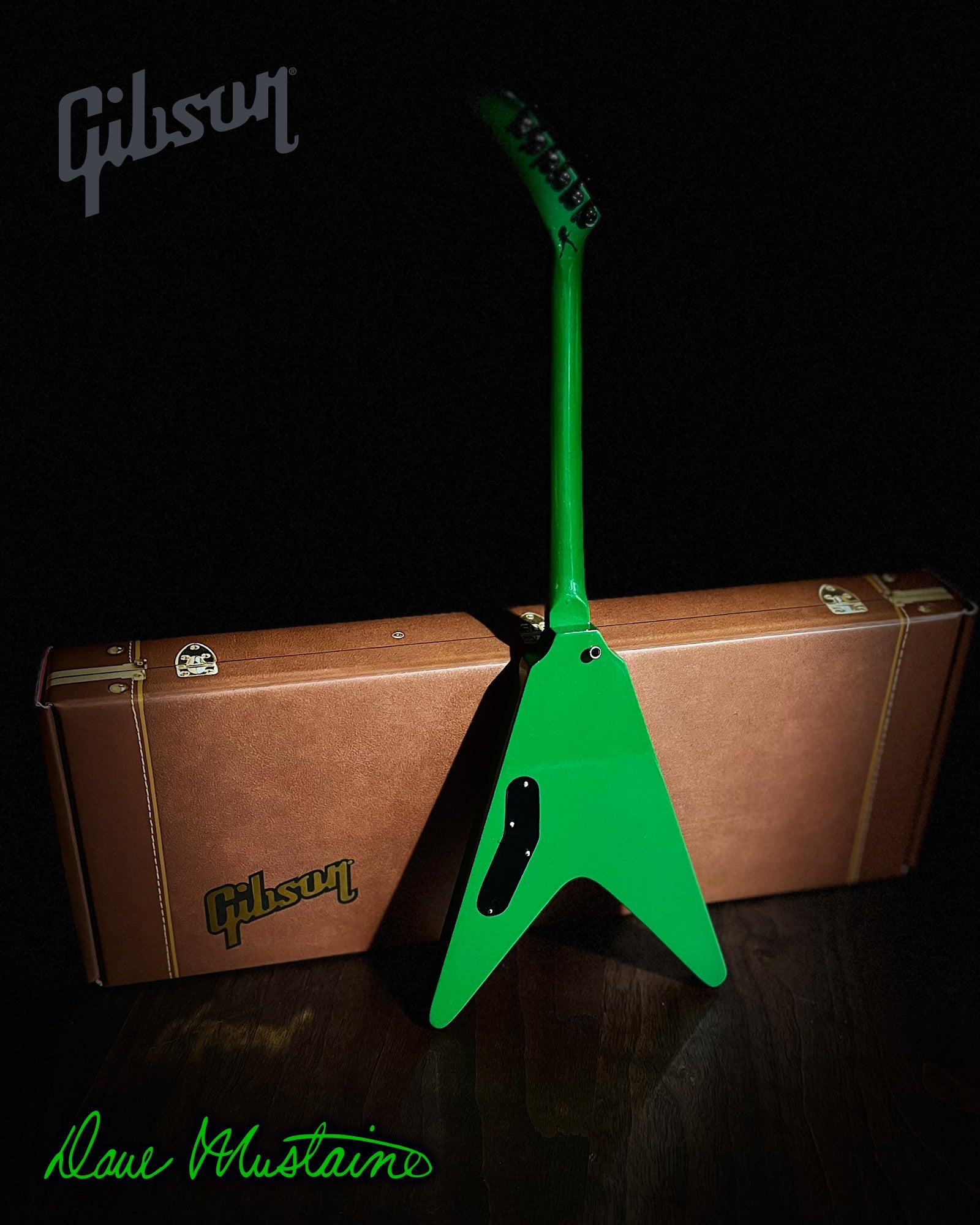 Megadeth "Dave Mustaine - Gibson Flying V Rust In Peace" Alien Tech Green Licensed Mini Guitar - Mainstay Entertainment