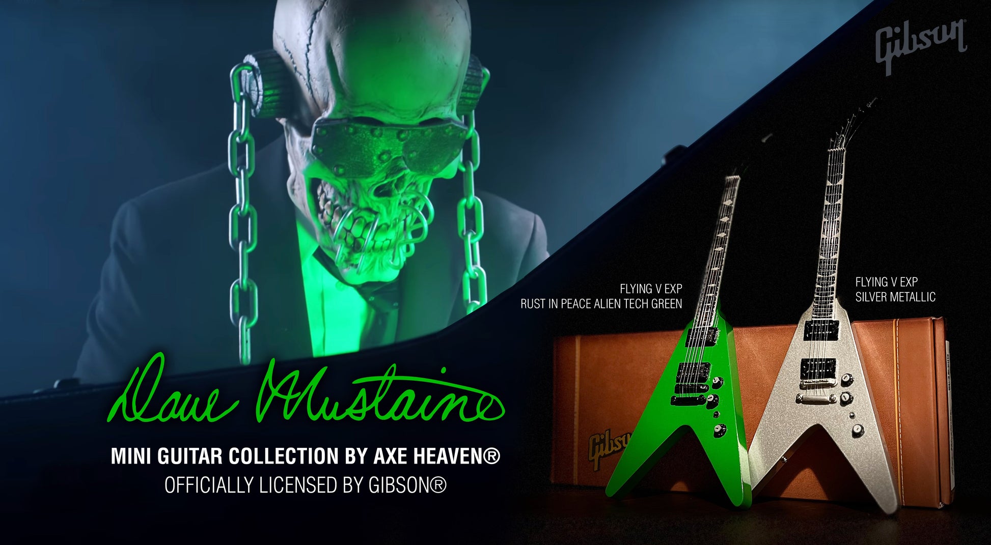 Megadeth "Dave Mustaine - Gibson Flying V Rust In Peace" Alien Tech Green Licensed Mini Guitar - Mainstay Entertainment