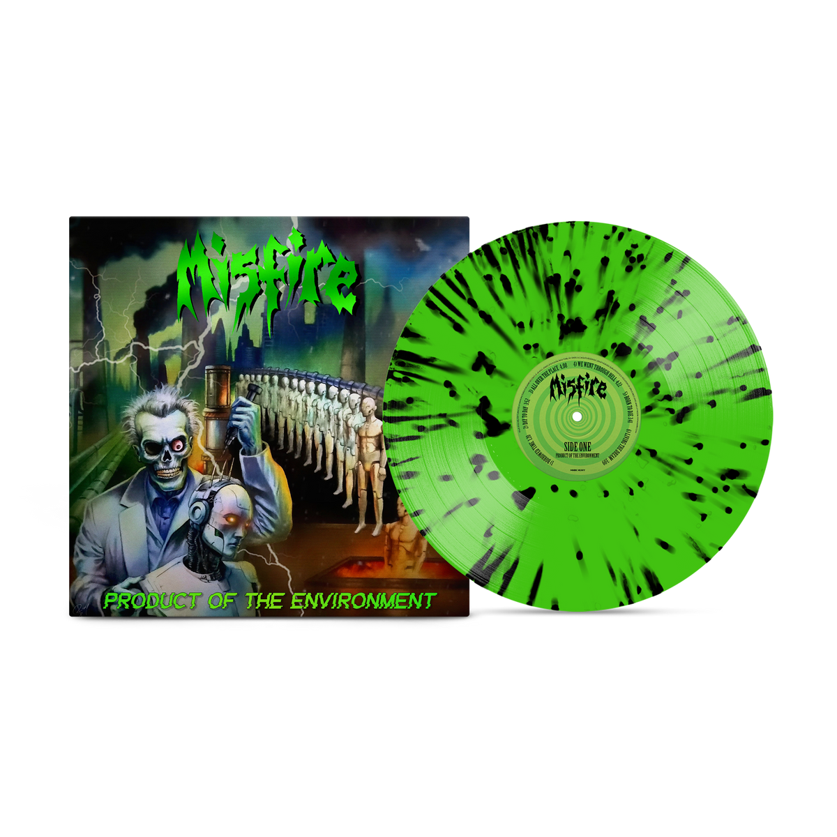 Misfire - Product Of The Environment Neon Green with Black Splatter Vinyl MNRK Heavy