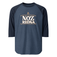 The Mainstay Entertainment Noz Redna "Candle Logo" 3/4 Sleeve Raglan Shirt features bold white lettering and a flame graphic on the front, with comfortable blue and navy cotton-blend fabric.