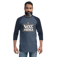 A man with a beard and mustache wears the Noz Redna "Candle Logo" 3/4 Sleeve Raglan Shirt by Mainstay Entertainment, standing against a plain white background.
