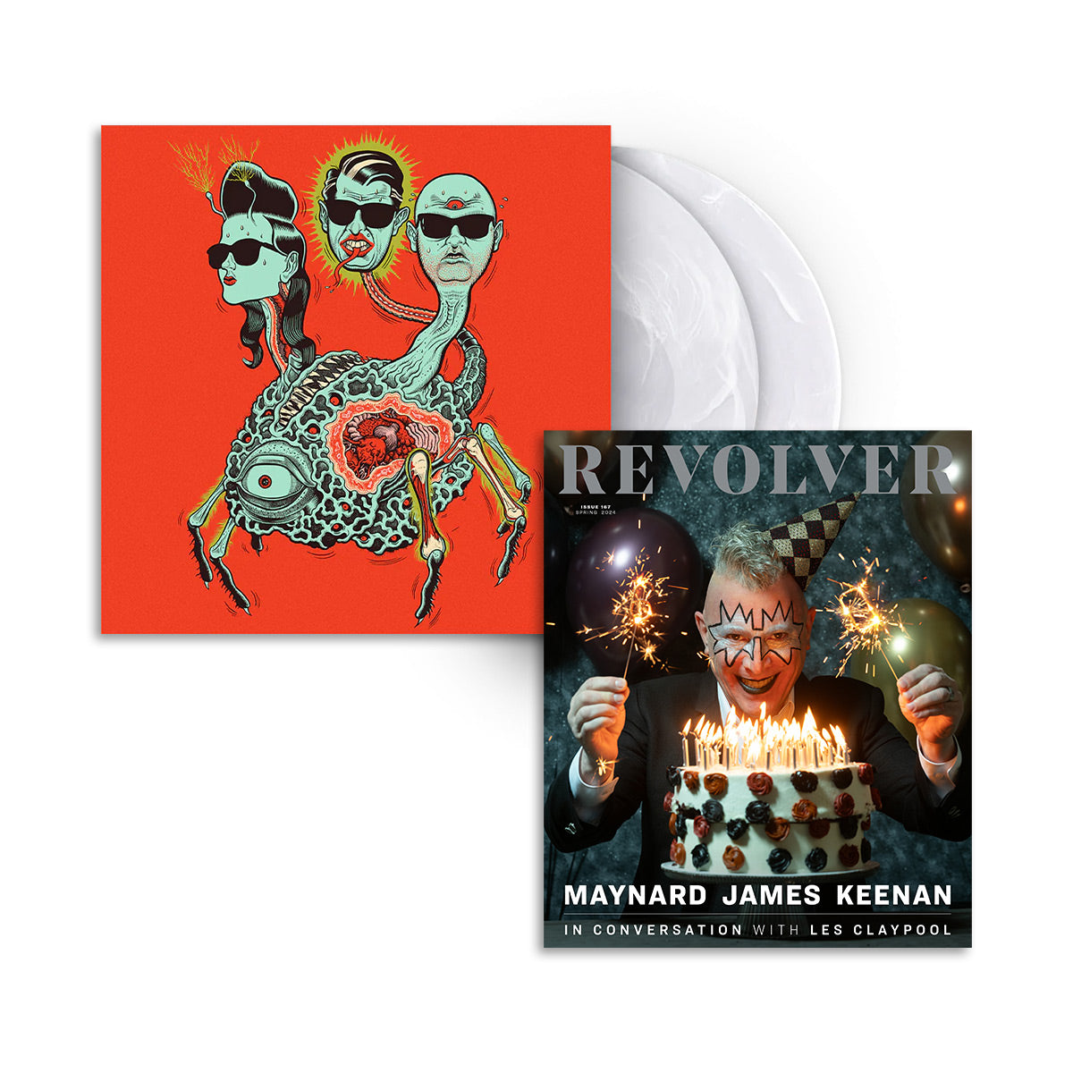 MAYNARD JAMES KEENAN X REVOLVER BUNDLE W/ SPRING 2024 ISSUE & PUSCIFER 'GLOBAL PROBING, LIVE FROM PRESCOTT' 2LP (Limited Edition – Only 500 Made, Clear w/ White Smoke Vinyl) Revolver Magazine