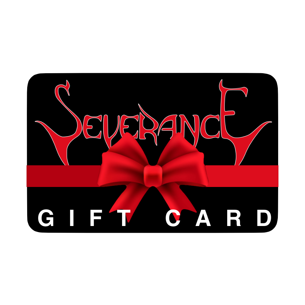 The Severance eGift Card from Mainstay Entertainment features black design, red stylized text, a large red bow at the center, and bold white “GIFT CARD” lettering—an unforgettable holiday gift.