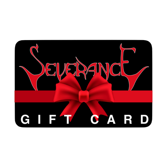 The Severance eGift Card from Mainstay Entertainment features black design, red stylized text, a large red bow at the center, and bold white “GIFT CARD” lettering—an unforgettable holiday gift.