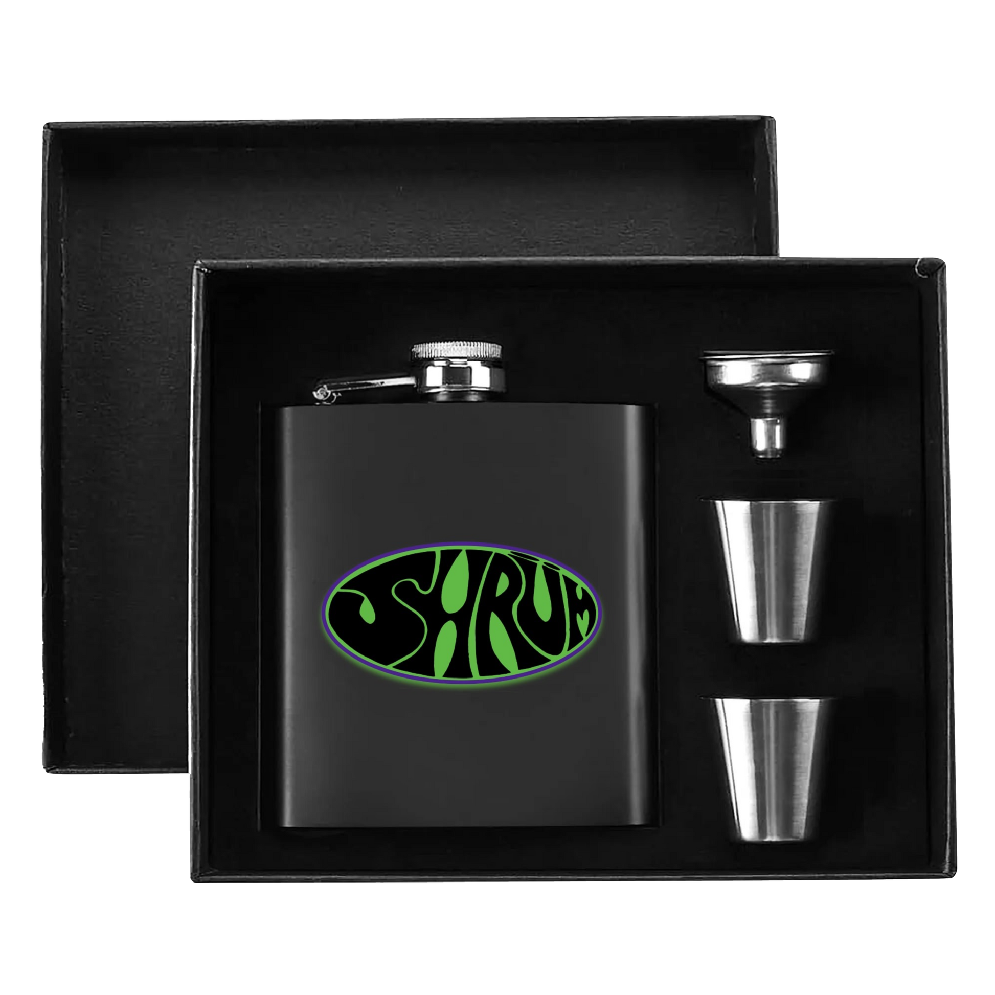 SHRÜM "Logo" 7oz. Hip Flask Black Stainless Steel Set - Mainstay Entertainment
