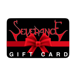 The Severance eGift Card from Mainstay Entertainment features black design, red stylized text, a large red bow at the center, and bold white “GIFT CARD” lettering—an unforgettable holiday gift.
