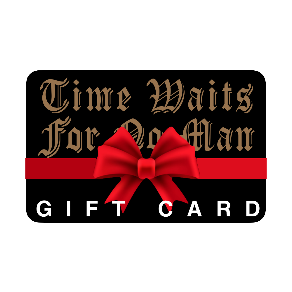 A black Mainstay Entertainment Time Waits For No Man eGift Card features gold Gothic lettering, a bold red bow, and GIFT CARD in white—an elegant gift for any occasion.