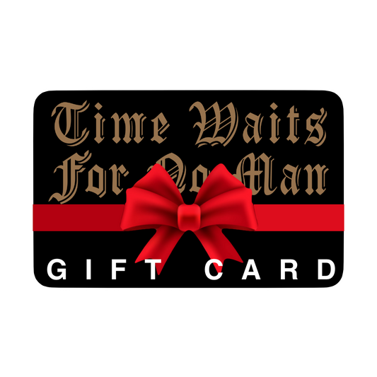 A black Mainstay Entertainment Time Waits For No Man eGift Card features gold Gothic lettering, a bold red bow, and GIFT CARD in white—an elegant gift for any occasion.