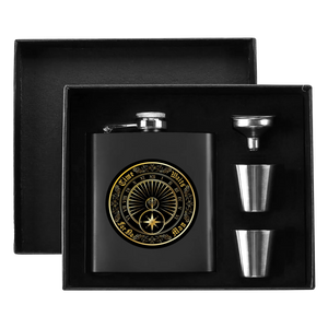 Time Waits For No Man "Sundial" 7oz. Hip Flask Black Stainless Steel Set - Mainstay Entertainment