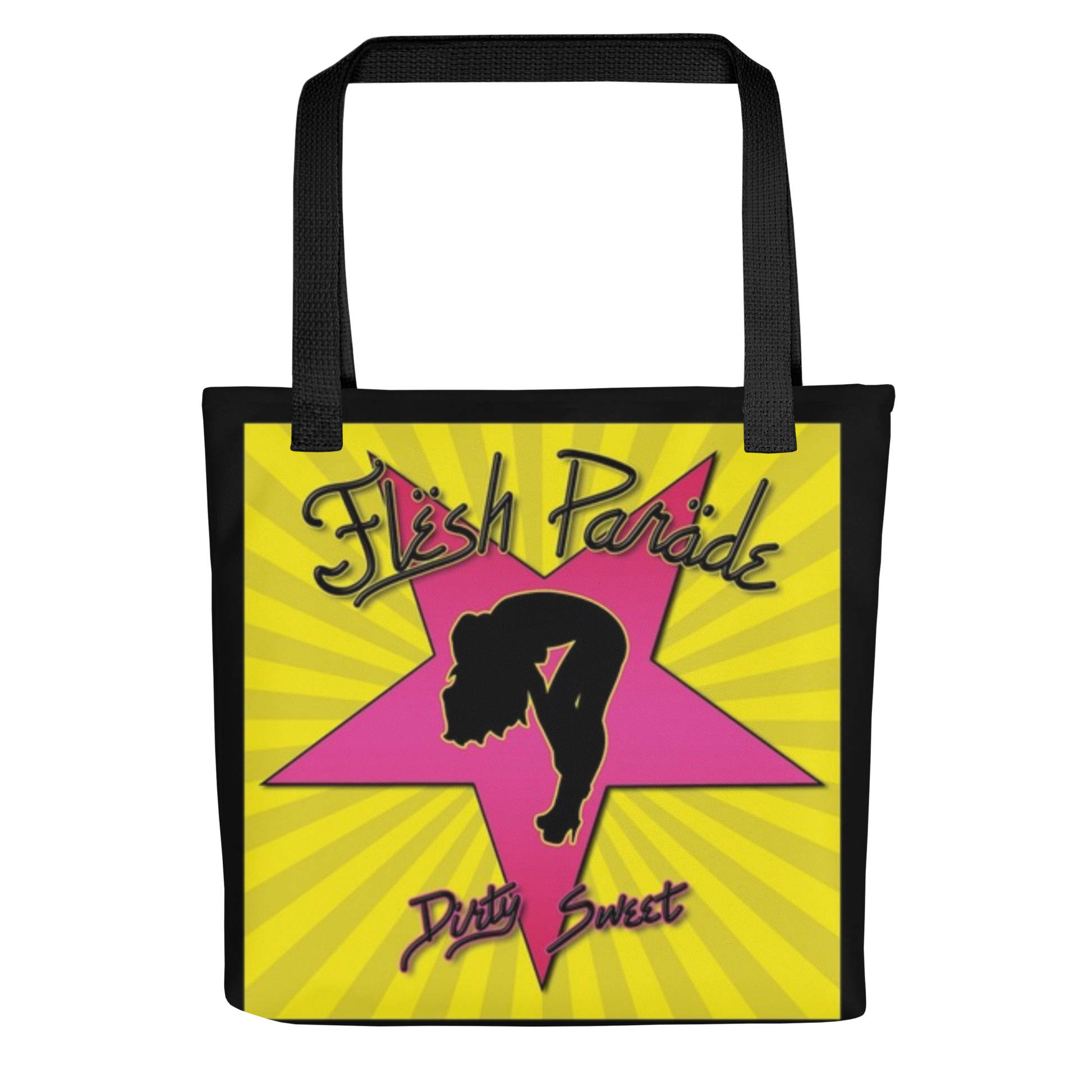 The Mainstay Entertainment Flesh Parade "Dirty Sweet" Tote Bag features a yellow background with radiating lines, a large pink star, and a black silhouette of a woman in a backbend, plus Flesh Parade and Dirty Sweet text.