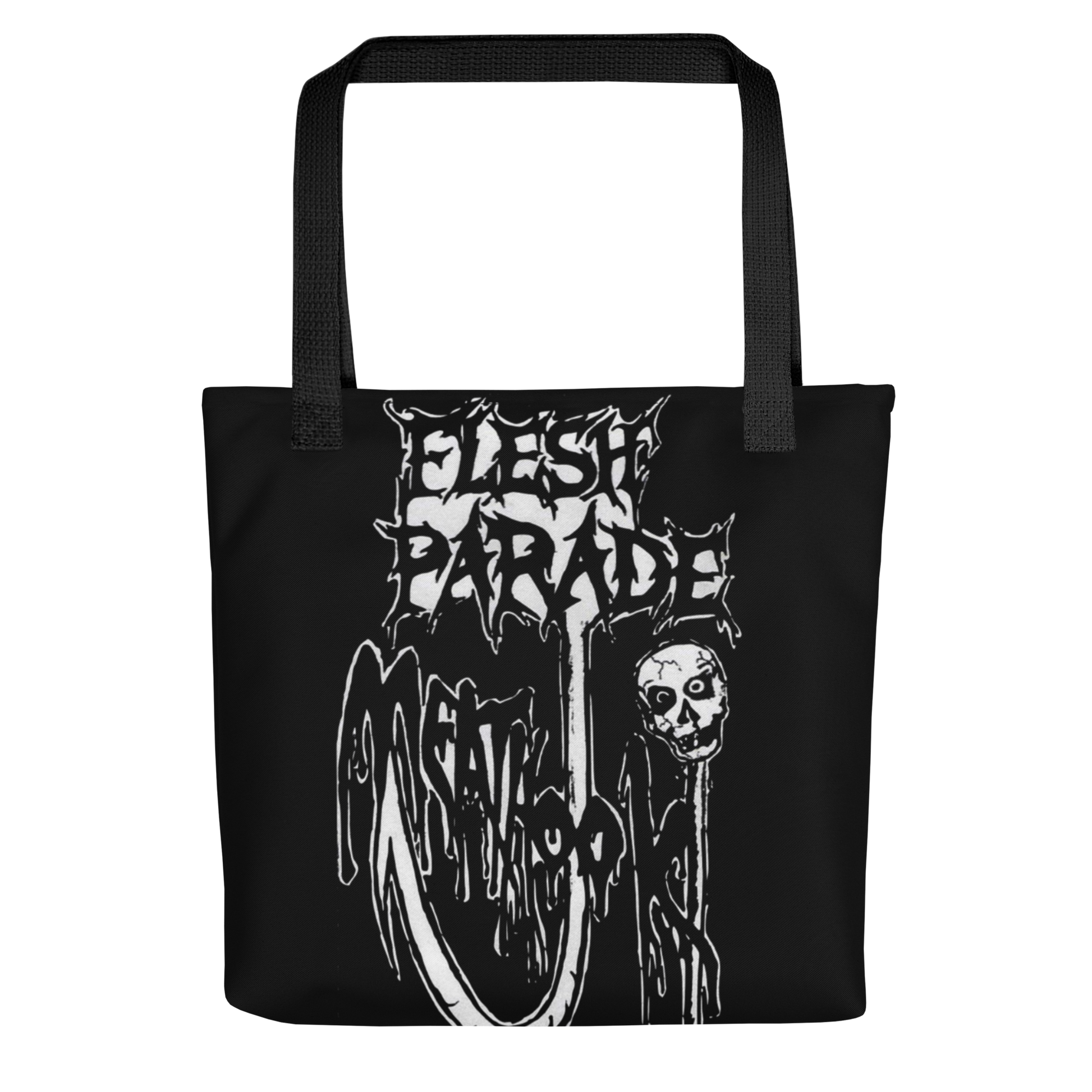 The Flesh Parade "Meathook" Tote Bag V1 by Mainstay Entertainment is a spacious black tote featuring gothic white Flesh Parade text above distorted lettering and a skull-on-a-hook graphic in a horror-inspired style.