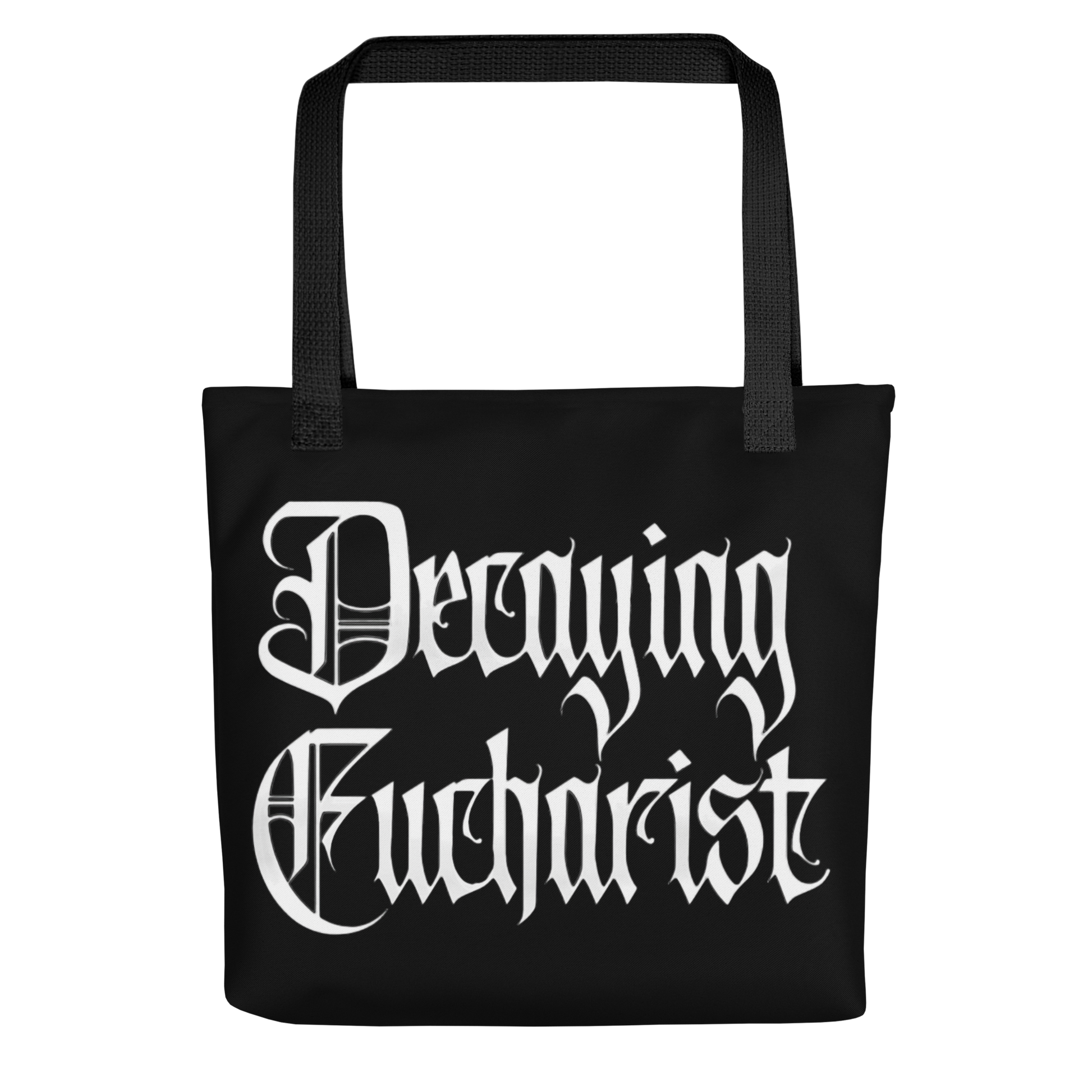 The Decaying Eucharist "Logo" Tote Bag by Mainstay Entertainment features bold white gothic lettering on the front and two black handles, offering a spacious and stylish way to carry your essentials.