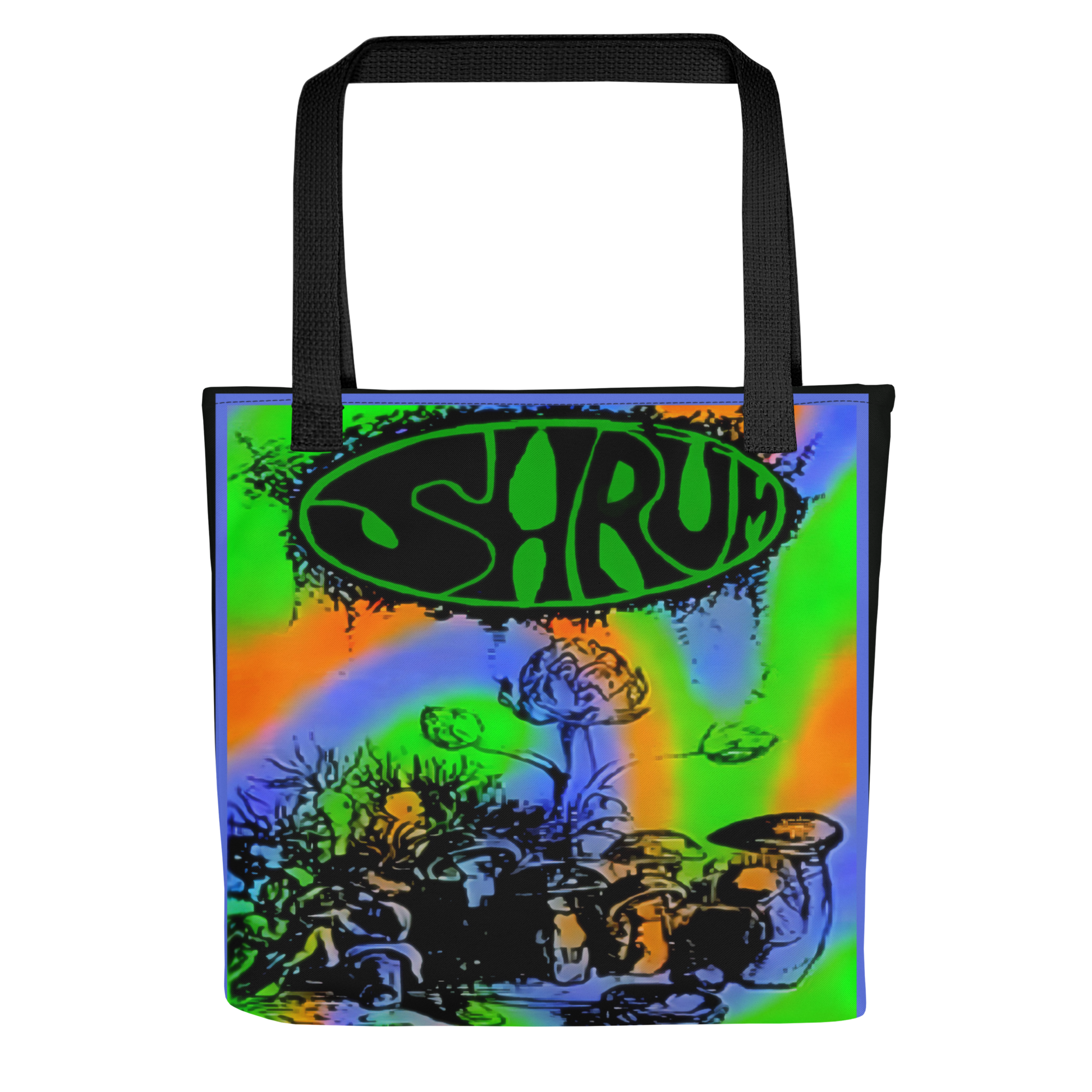 The SHRÜM "Red Devils & Purple Ringers" Tote Bag by Mainstay Entertainment showcases a bold psychedelic design with neon swirls and "SHRUM" in stylized letters above illustrated mushrooms—perfect for adding vibrant style to any outing.