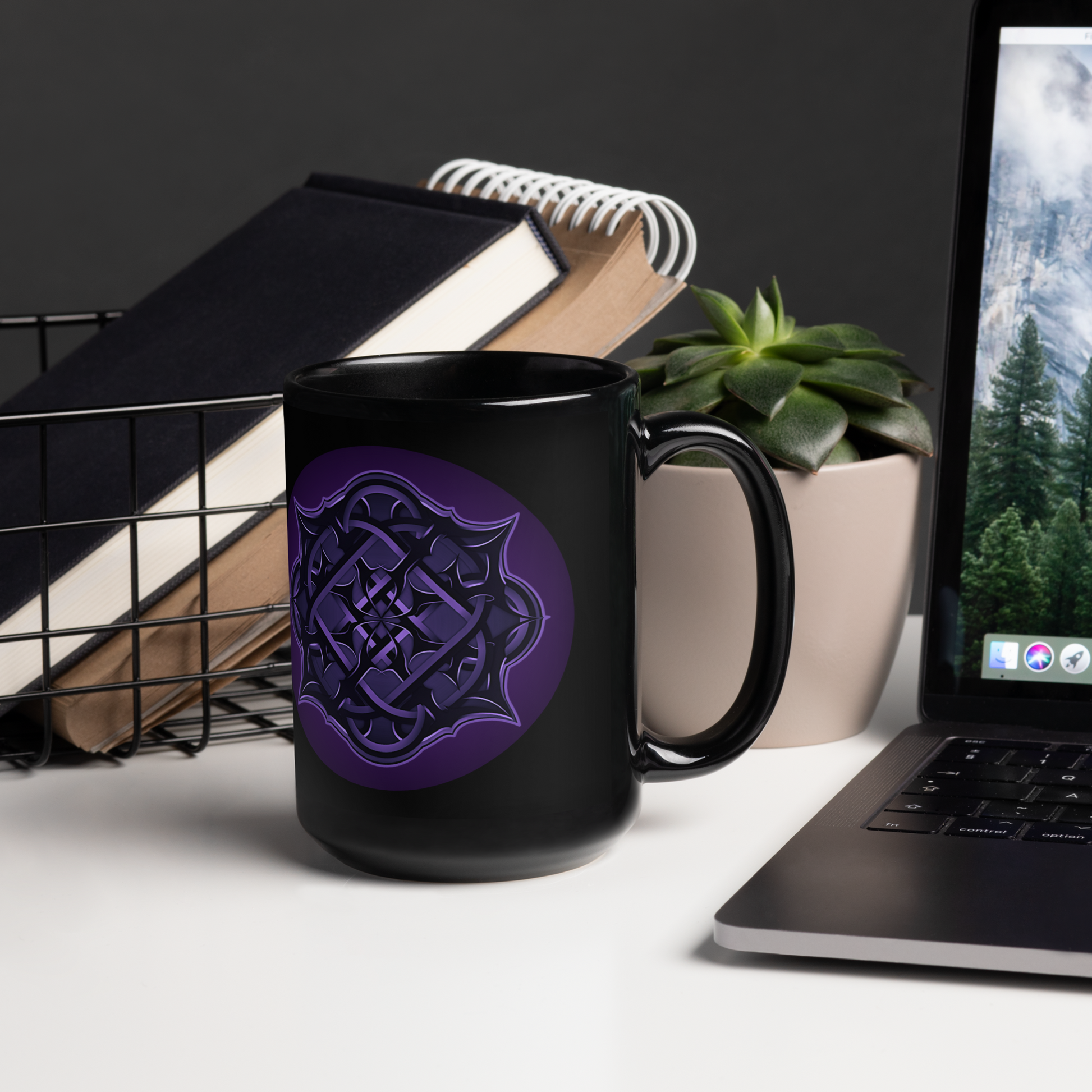 The Flesh Parade "Repercussions" Coffee Mug by Mainstay Entertainment features a black ceramic build with a purple design. It's shown on a desk next to a succulent, laptop, and books. Dishwasher and microwave safe for everyday convenience.