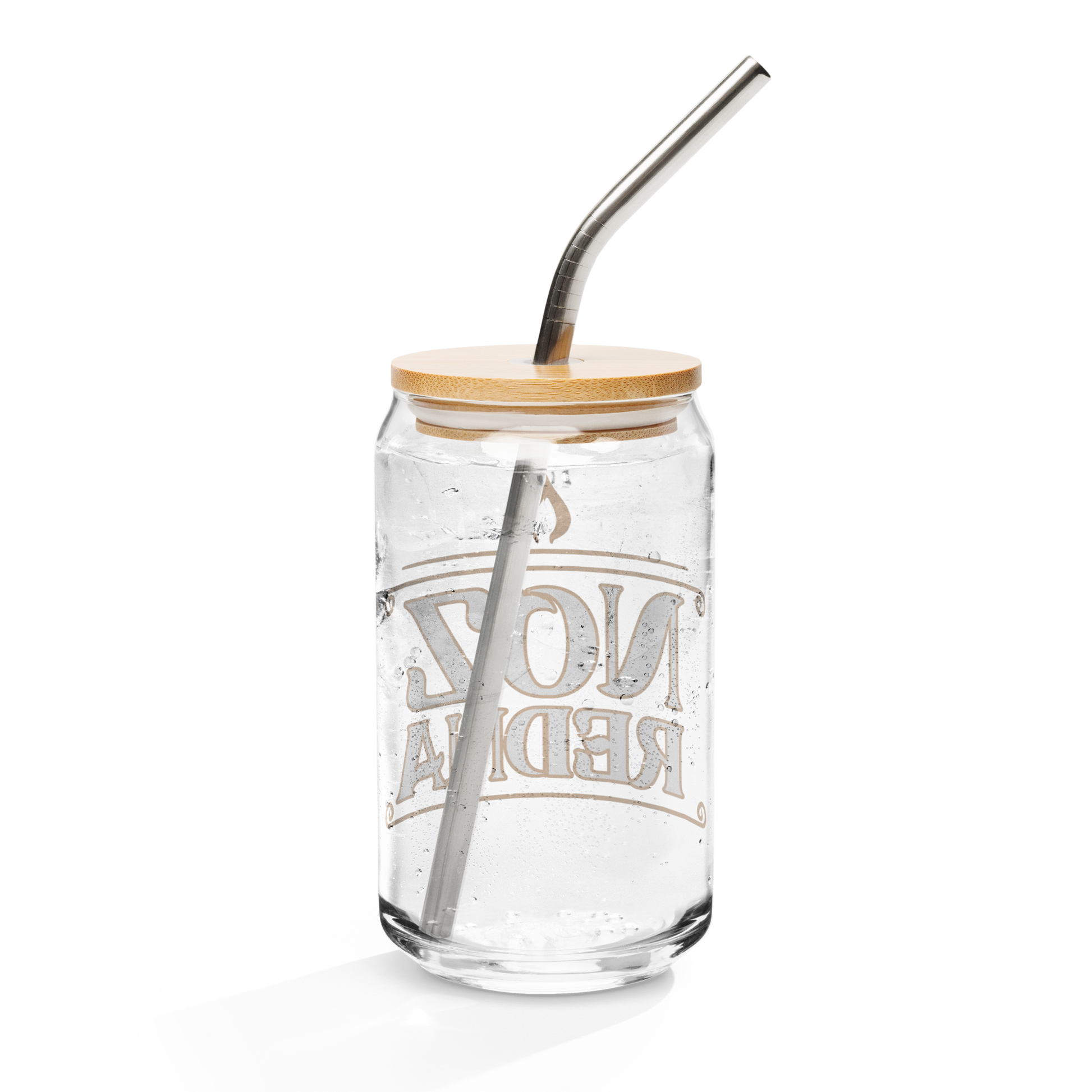A 16 oz Noz Redna "Candle Logo" Can-Shaped Glass by Mainstay Entertainment, with a bamboo lid and metal straw, is filled with water. The clear glass displays backward white NOT READY text on its side against a plain white background.