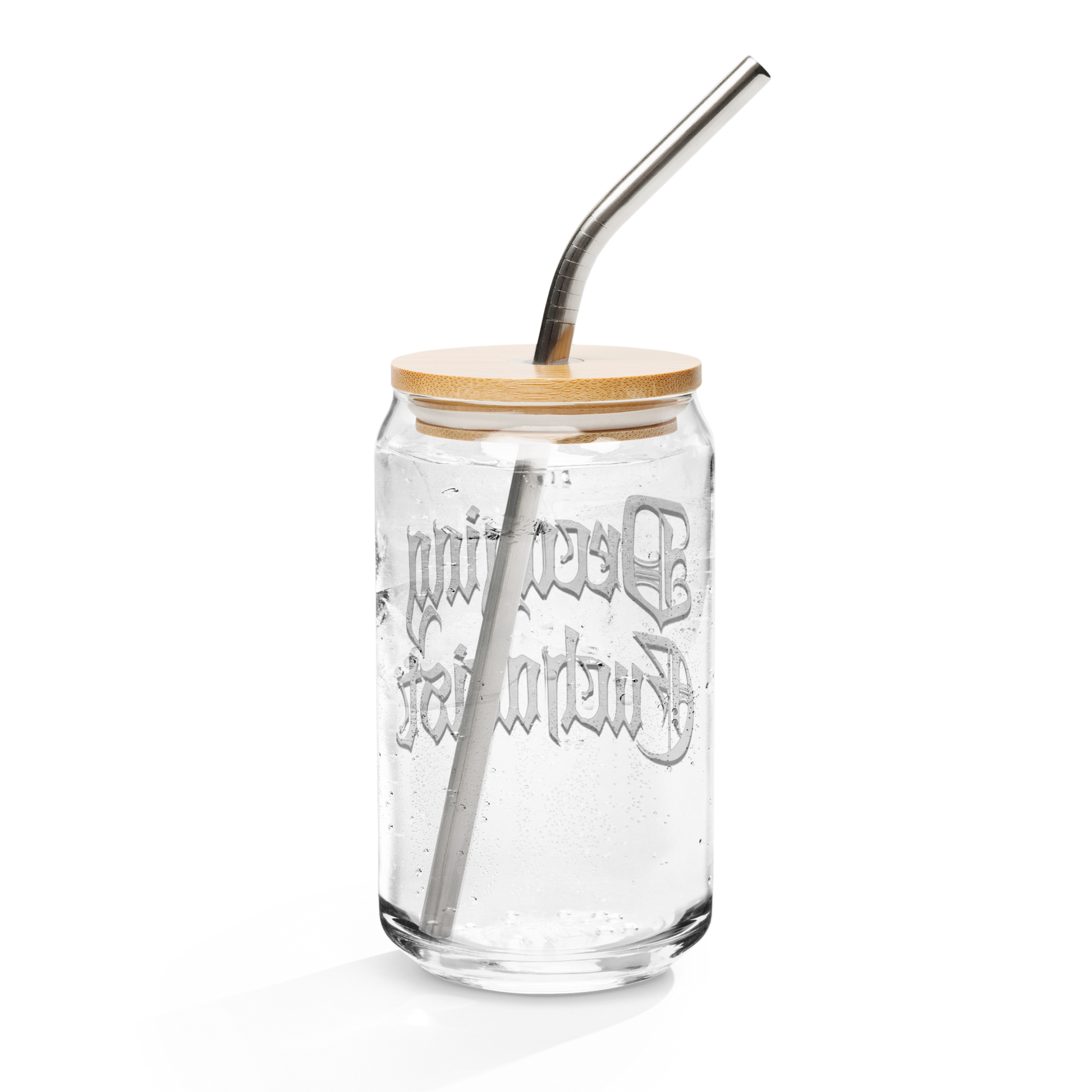 The Decaying Eucharist "Logo" Can-Shaped Glass by Mainstay Entertainment is a clear 16 oz glass with embossed mirrored text, bamboo lid, metal straw, and visible condensation inside.