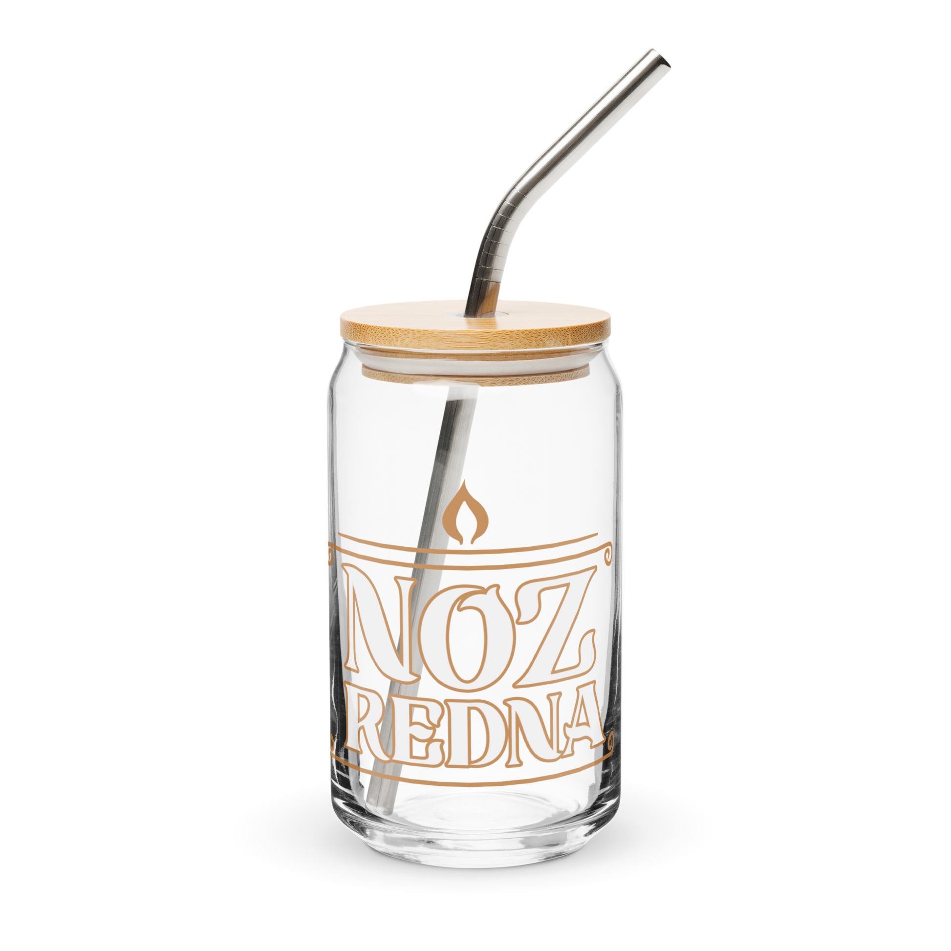 The Noz Redna "Candle Logo" Can-Shaped Glass by Mainstay Entertainment is a 16 oz glass cup with orange NOZ REDNA text, a flame symbol above, plus a bamboo lid and metal straw—all on a clean white background.