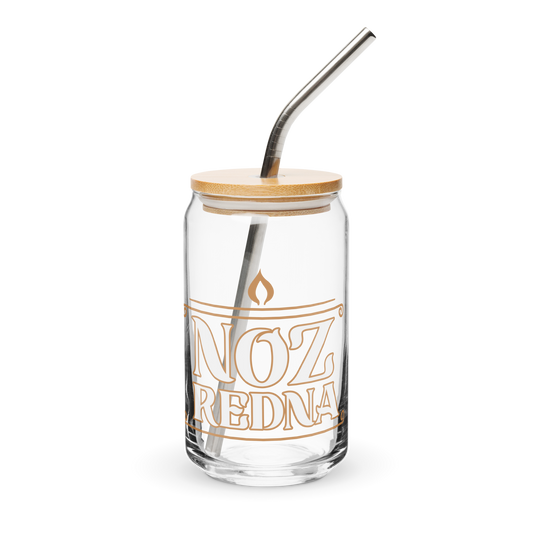 The Noz Redna "Candle Logo" Can-Shaped Glass by Mainstay Entertainment is a 16 oz glass cup with orange NOZ REDNA text, a flame symbol above, plus a bamboo lid and metal straw—all on a clean white background.
