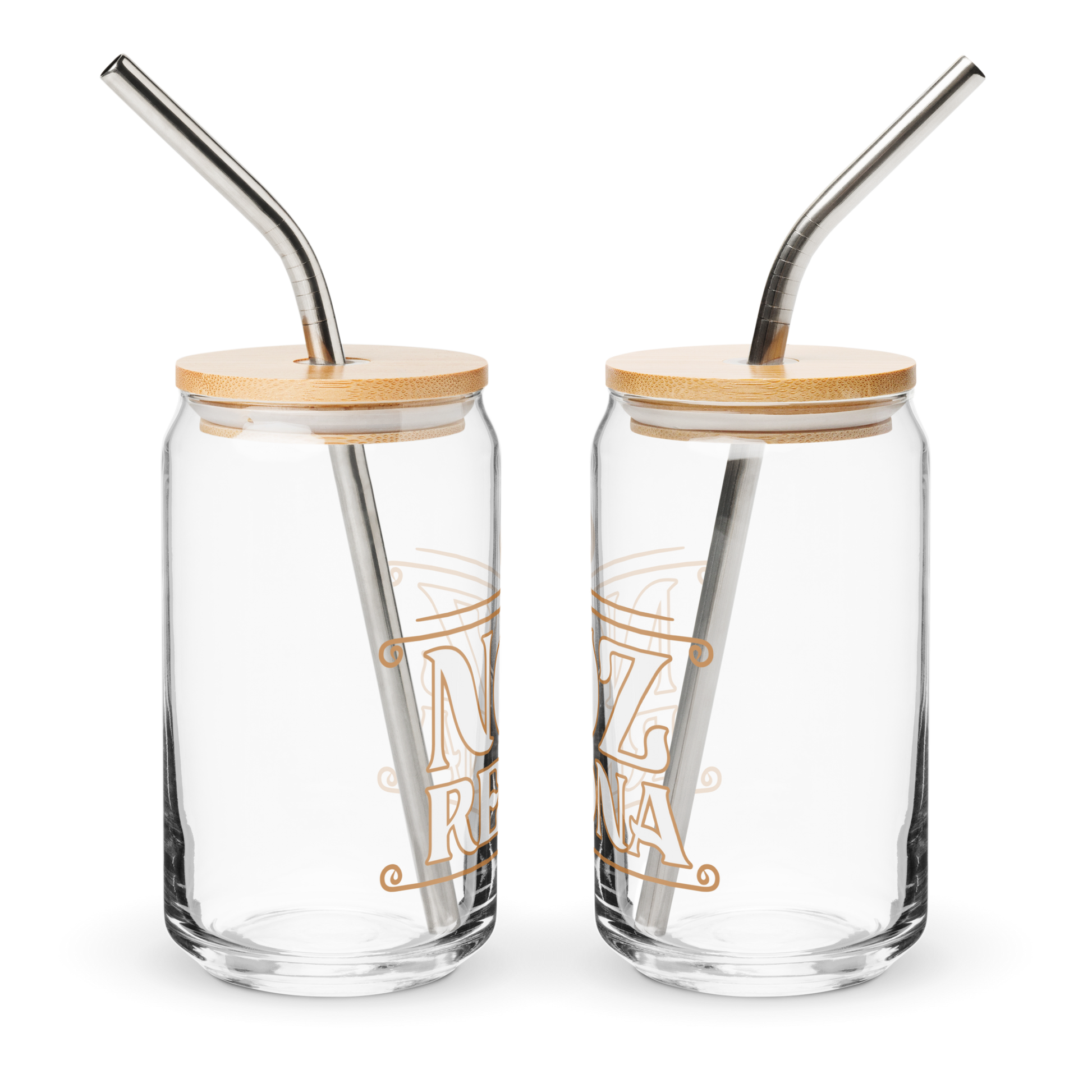 Two Noz Redna "Candle Logo" can-shaped 16 oz glasses by Mainstay Entertainment, each with a bamboo lid and metal straw, featuring partially visible orange text, are displayed side by side on a white background.