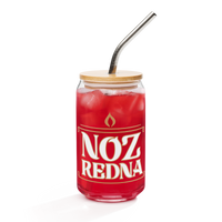 A 16 oz can-shaped glass from Mainstay Entertainment, featuring the Noz Redna “Candle Logo” (bold white text with a flame icon), holds a red iced drink and is topped with a wooden lid and metal straw.