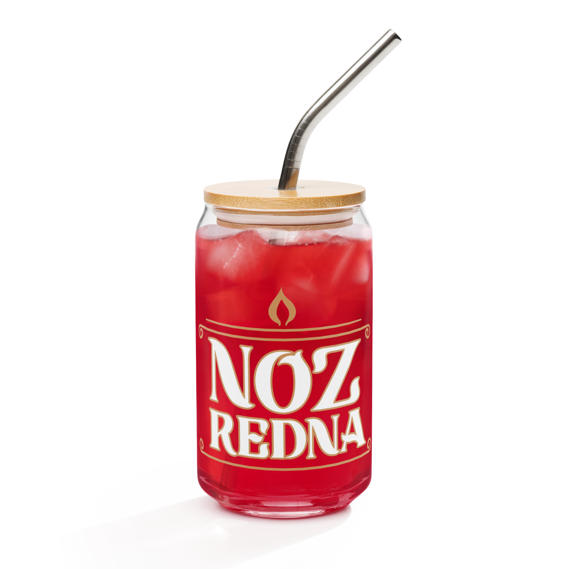 A 16 oz can-shaped glass from Mainstay Entertainment, featuring the Noz Redna “Candle Logo” (bold white text with a flame icon), holds a red iced drink and is topped with a wooden lid and metal straw.