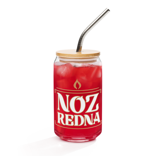 A 16 oz can-shaped glass from Mainstay Entertainment, featuring the Noz Redna “Candle Logo” (bold white text with a flame icon), holds a red iced drink and is topped with a wooden lid and metal straw.