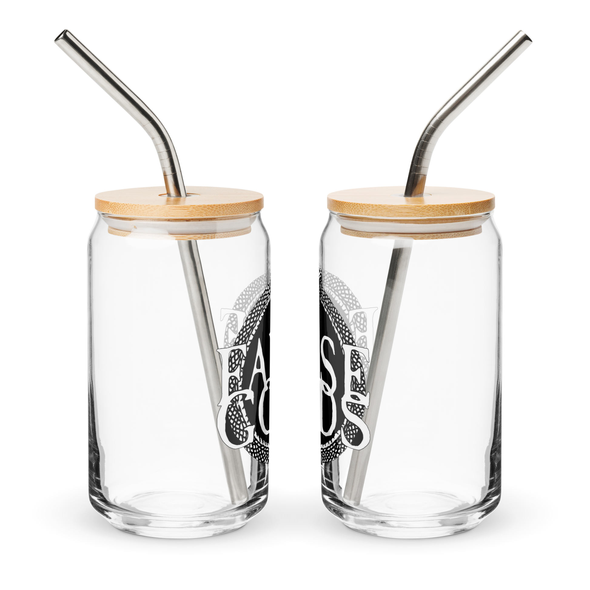 Two Mainstay Entertainment False Gods "Snake Logo" can-shaped glass jars (16 oz) with bamboo lids and metal straws are side by side. Each clear jar displays a black and white circular snake graphic and text on the front, all on a white background.