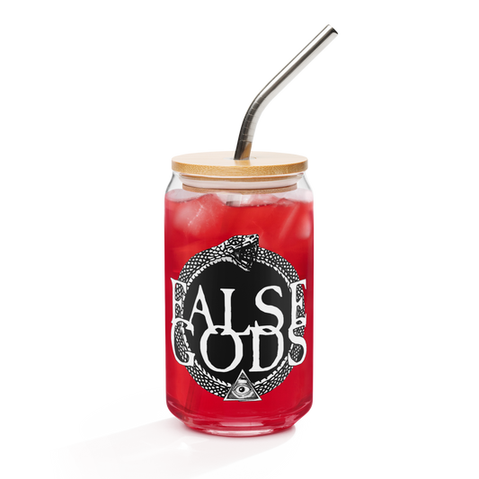 The False Gods "Snake Logo" Can-Shaped Glass by Mainstay Entertainment is a 16 oz glass jar with a bamboo lid, metal straw, and features the words FALSE GODS with a black and white snake eating its tail graphic.
