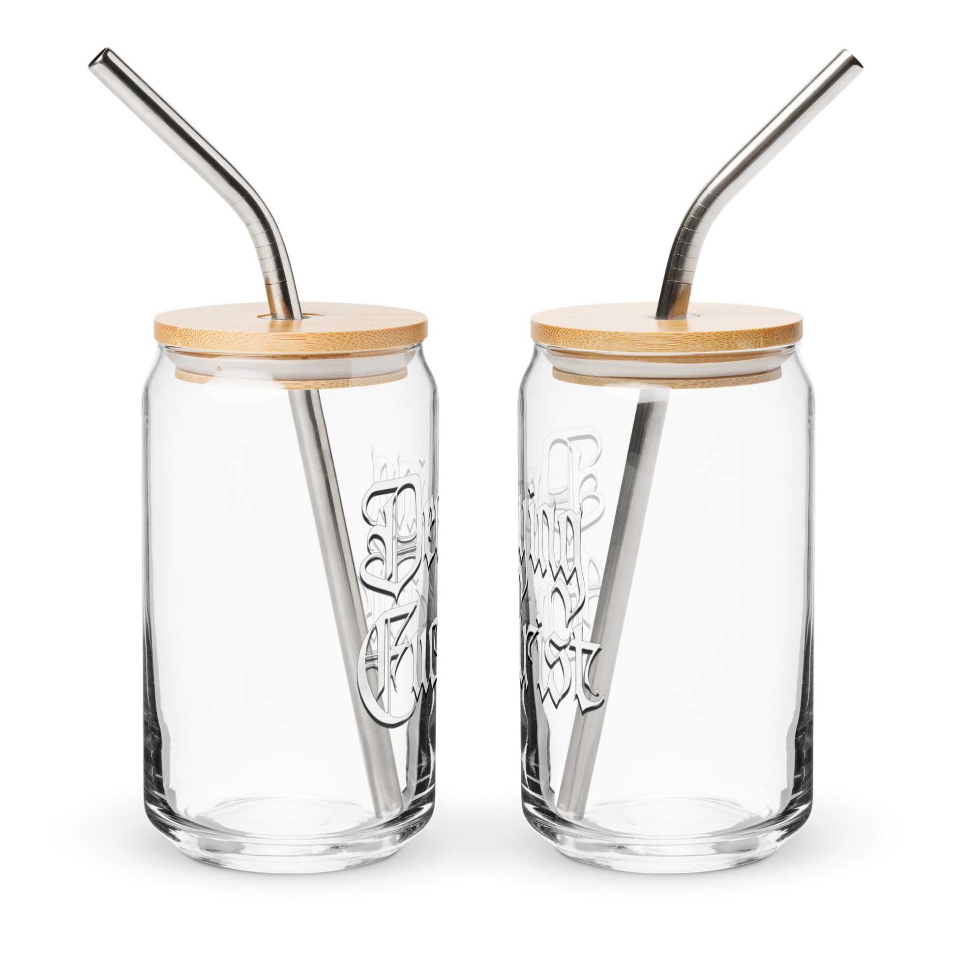 Two Decaying Eucharist "Logo" can-shaped 16 oz glass tumblers from Mainstay Entertainment, with bamboo lids, metal straws, and white logo design, stand side by side against a white background—perfect for any stylish glassware collection.