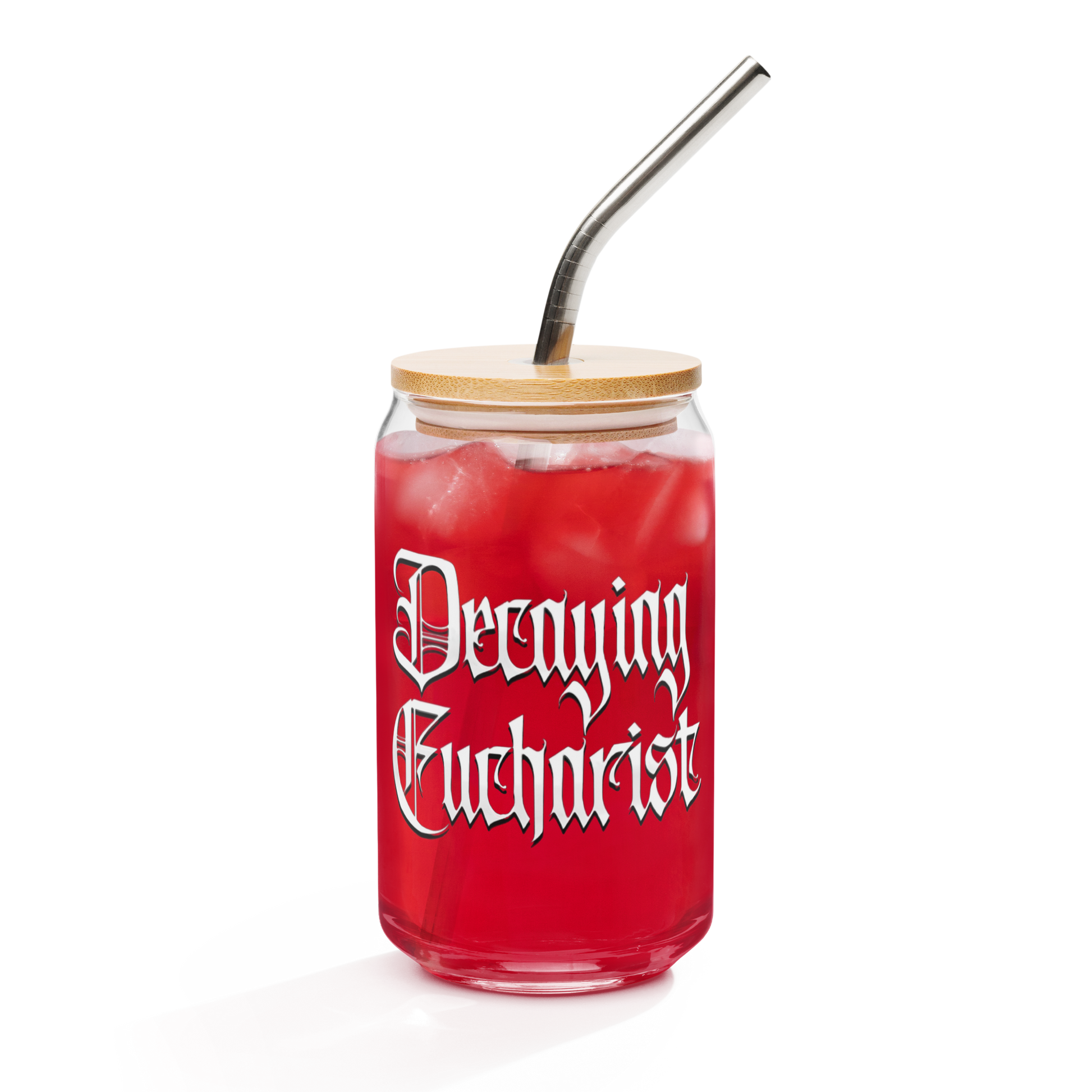 The Decaying Eucharist "Logo" can-shaped glass by Mainstay Entertainment is a 16 oz jar with bold white gothic lettering, red iced drink inside, topped with a bamboo lid and metal straw.