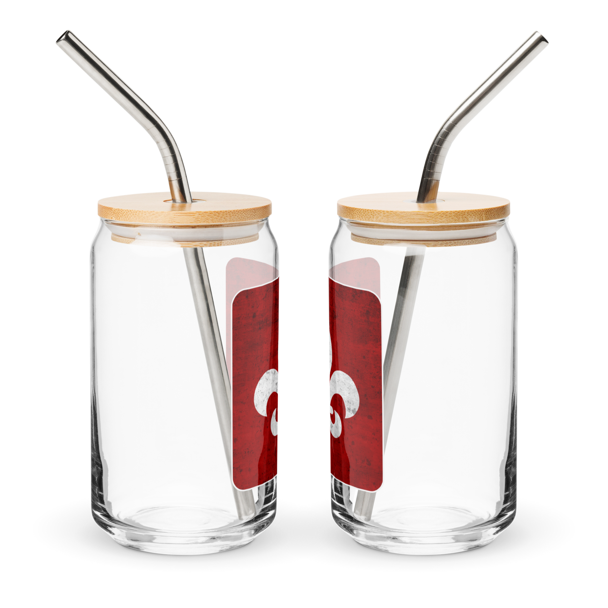 Two Mainstay Entertainment "Fleur de Lis" can-shaped glass jars (16 oz) with wooden lids and metal straws are side by side, each displaying a red label with a white question mark, set against a white background.