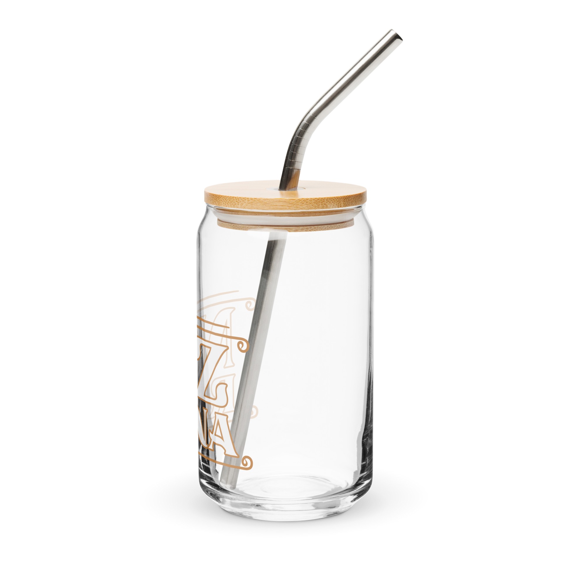 The Noz Redna "Candle Logo" Can-Shaped Glass by Mainstay Entertainment is a clear 16 oz glass with a bamboo lid, reusable metal straw, and partial gold logo on the side, shown against a plain white background.