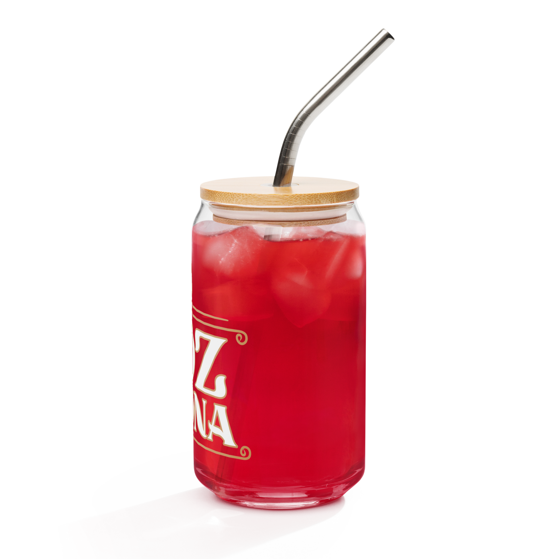 A Noz Redna "Candle Logo" can-shaped glass from Mainstay Entertainment holds a bright red iced drink, topped with a wooden lid and metal straw. Part of its white decorative label is visible, set against a plain white background.