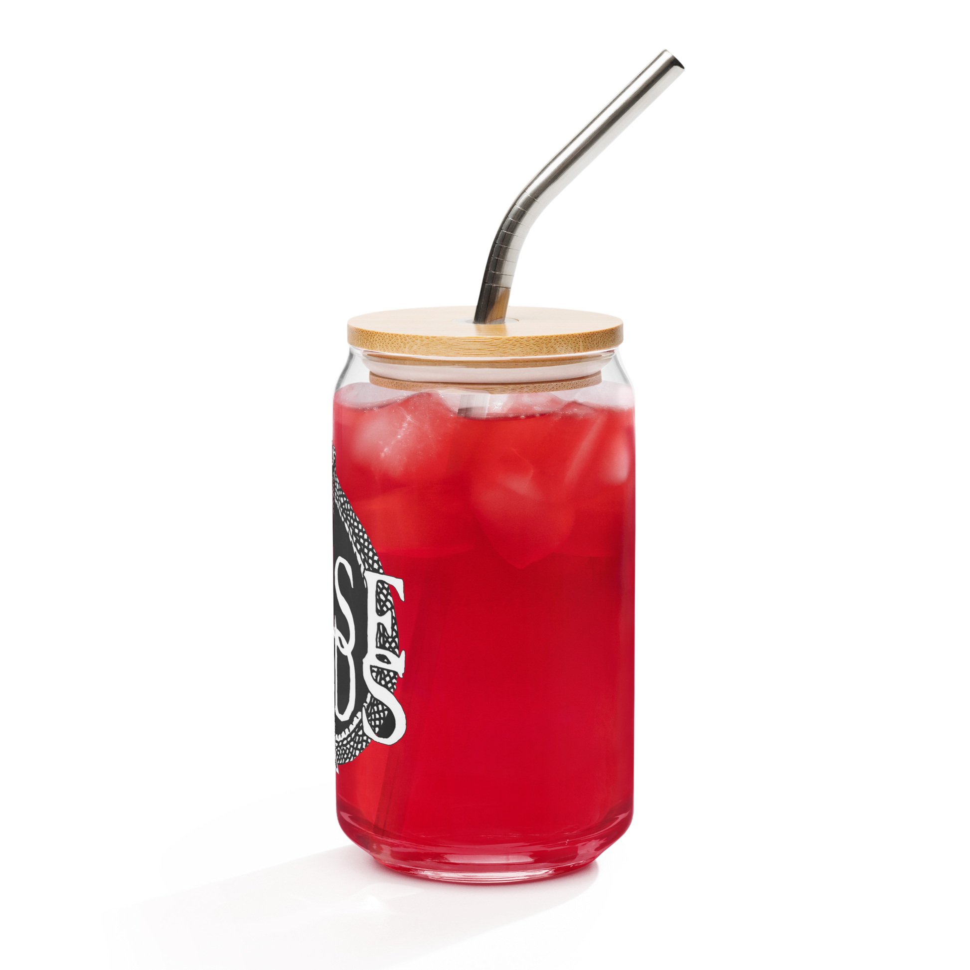 The False Gods "Snake Logo" Can-Shaped Glass by Mainstay Entertainment is a 16 oz glass jar featuring a red iced drink, wooden lid, metal straw, printed design, and ice cubes, all set against a white background.