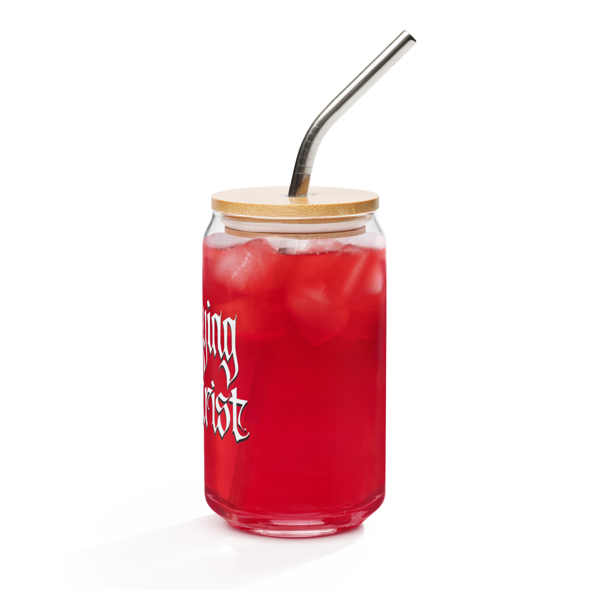 The Decaying Eucharist "Logo" Can-Shaped Glass by Mainstay Entertainment is a 16 oz glass jar with white gothic text, filled with a bright red iced drink, bamboo lid, and metal straw, shown against a plain white background.