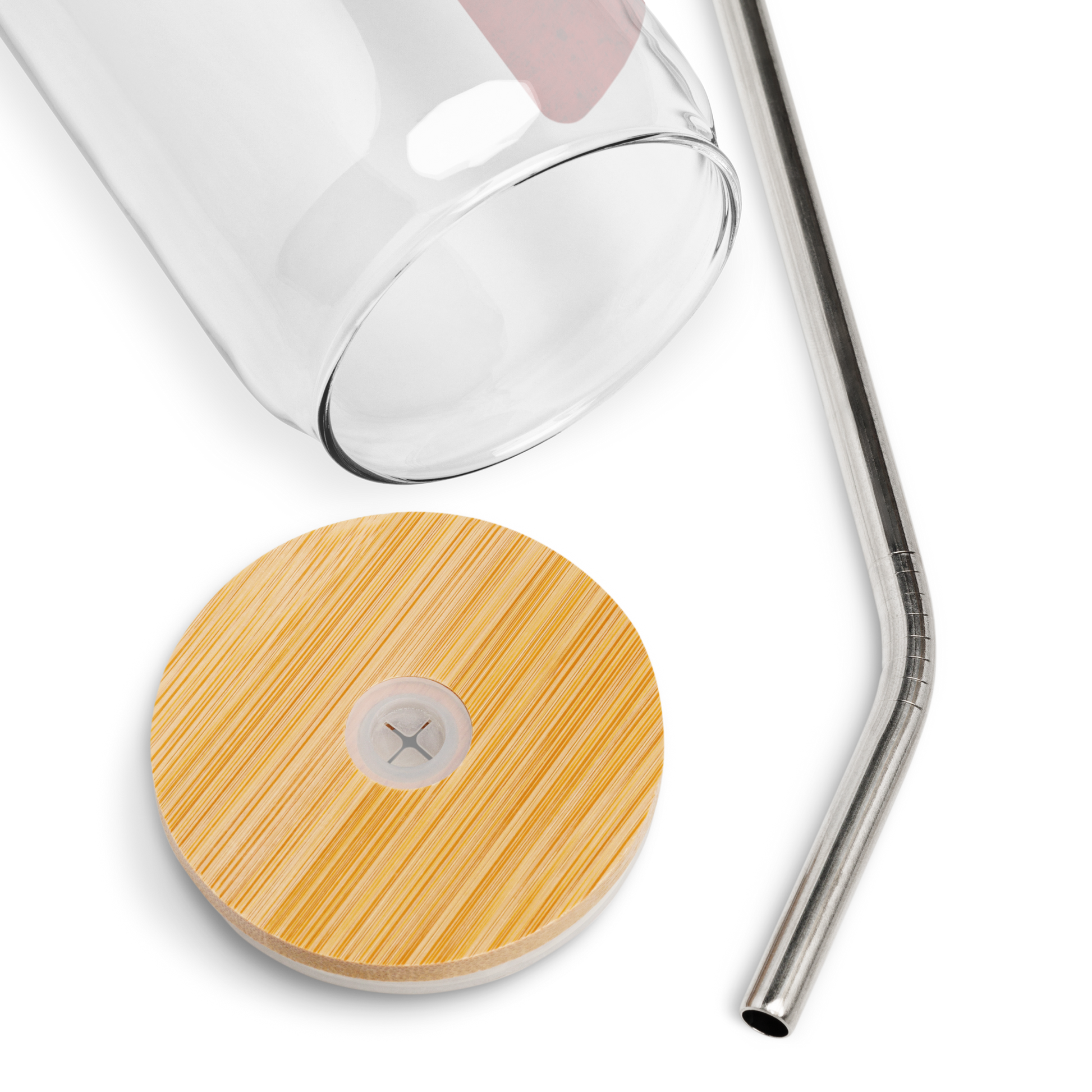 The Mainstay Entertainment "Fleur de Lis" Can-Shaped Glass, complete with a bamboo lid, silicone seal, and bent stainless steel straw, is stylishly displayed on a white background—perfect for upgrading your glassware collection.