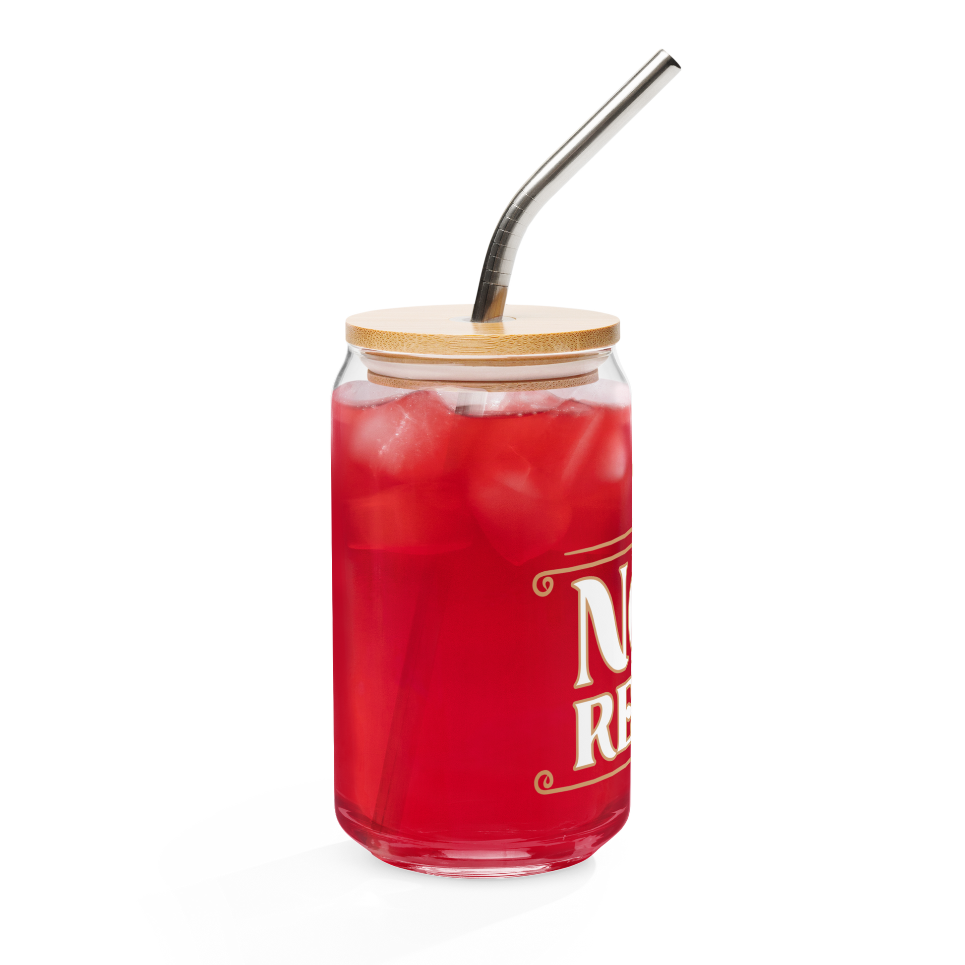 The Noz Redna "Candle Logo" Can-Shaped Glass by Mainstay Entertainment holds 16 oz of a red iced drink, topped with a wooden lid and metal straw. This glassware features partial white text and is set against a plain white background.