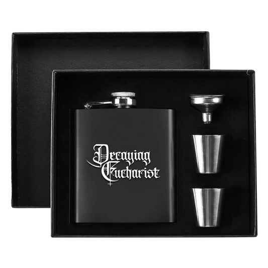 Decaying Eucharist "Logo" 7oz. Hip Flask Black Stainless Steel Set