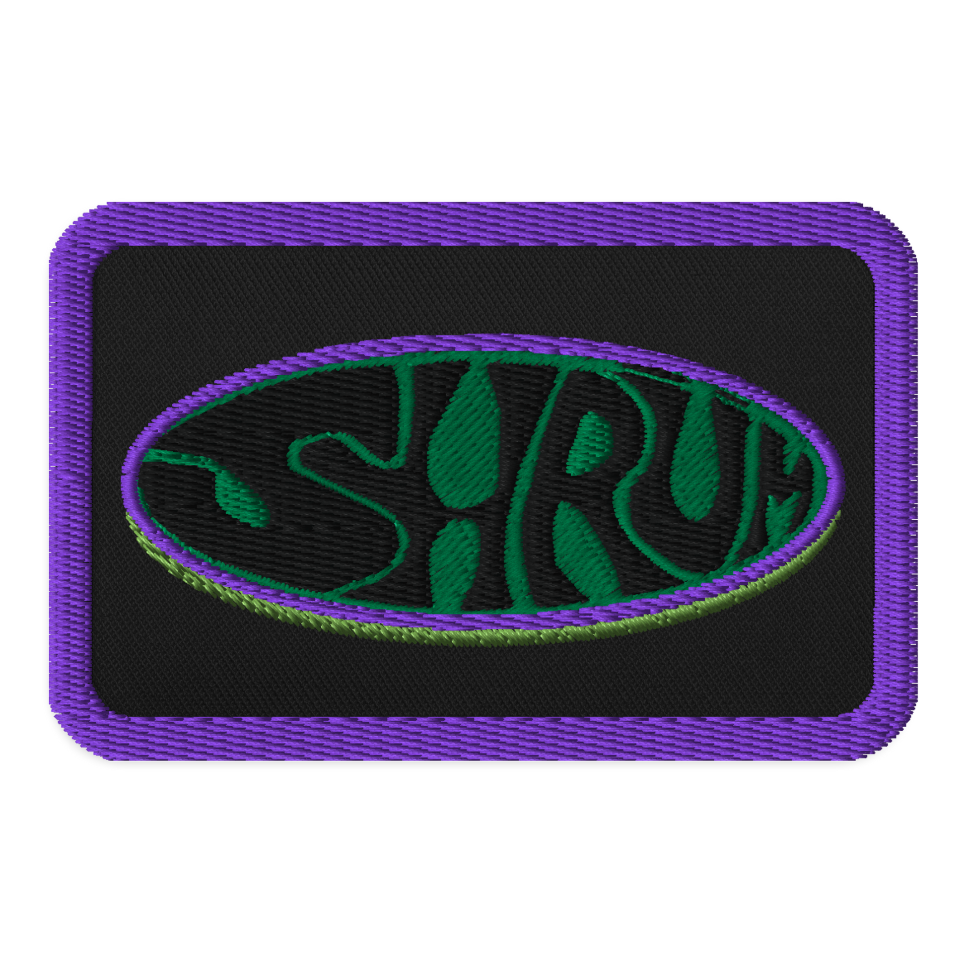 The SHRÜM "Logo" Embroidered Patch by Mainstay Entertainment is a rectangular patch with a purple border, black background, and an oval outlined in green and purple featuring "SHRUM" in bold wavy green-black letters. Iron-on or sew-on.