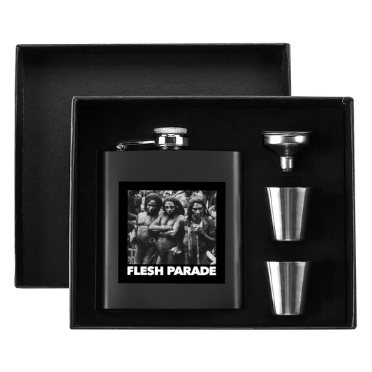 Flesh Parade "Kill Whitey" 7oz. Hip Flask Black Stainless Steel Set