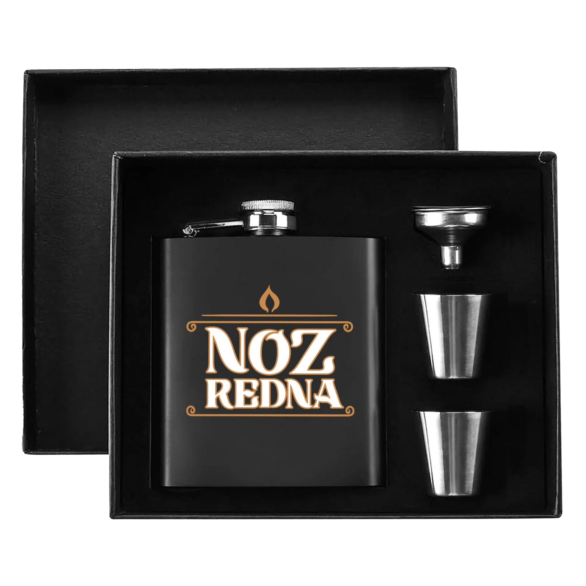 Noz Redna "Candle Logo" 7oz. Hip Flask Black Stainless Steel Set