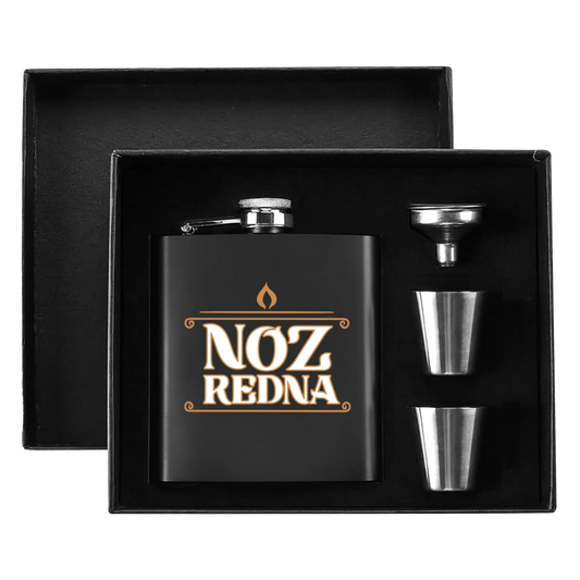 Noz Redna "Candle Logo" 7oz. Hip Flask Black Stainless Steel Set