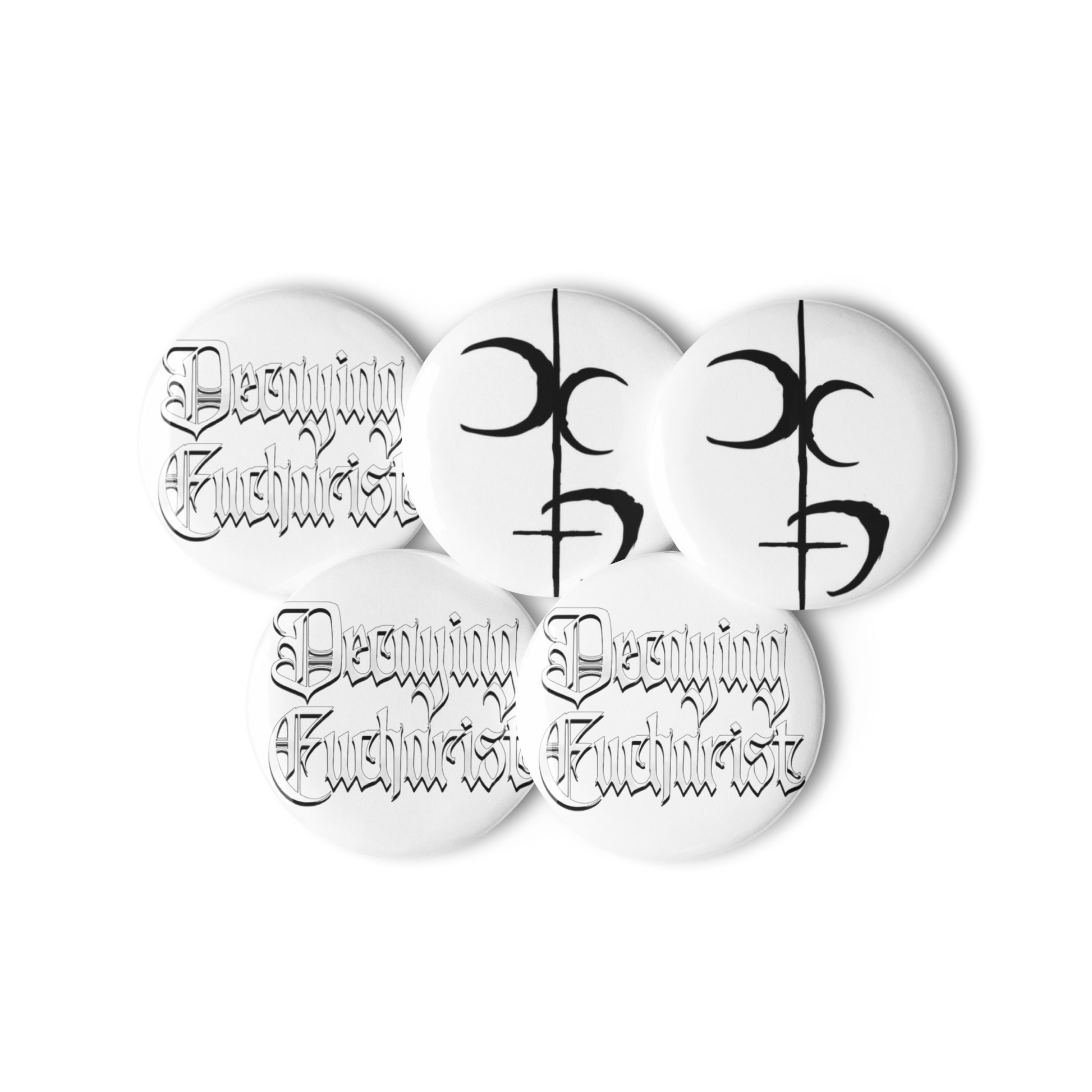 The Decaying Eucharist "Logo" Set of 5 Buttons by Mainstay Entertainment includes three with gothic "Devouring Eucharist" text and two with bold black symbols, all scratch-resistant for lasting durability.